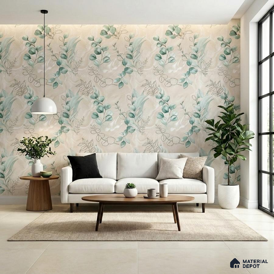 Scandinavian living room with floral wallpaper, beige floor tiles, and wooden coffee table