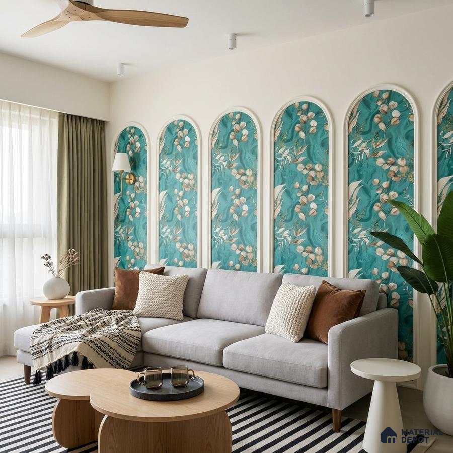 Scandinavian living room with teal floral wallpaper panels and light oak coffee table