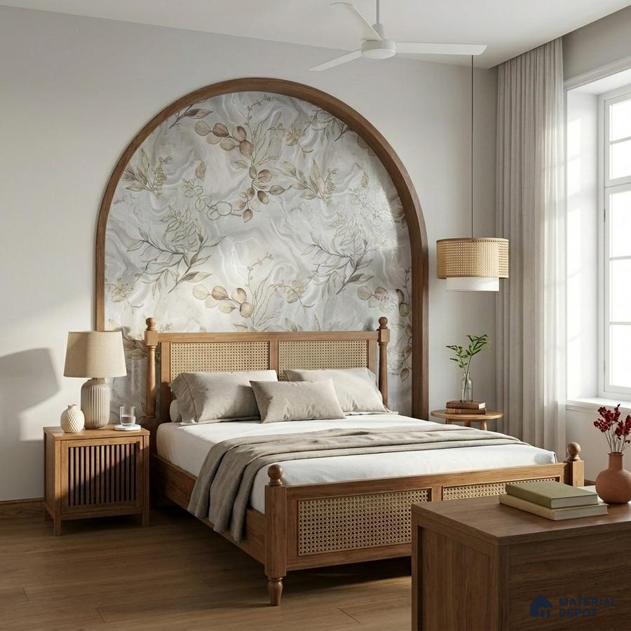 Japandi bedroom with natural cane bed, floral wallpaper accent, and light oak wooden flooring