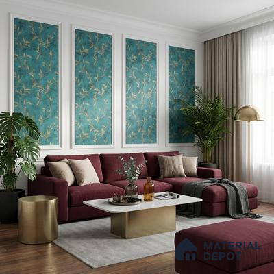 Modern living room with teal floral wallpaper panels, burgundy sofa, and marble top coffee table