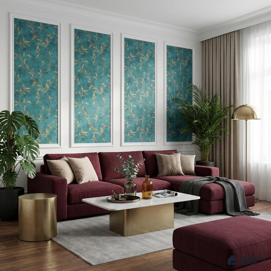 Modern living room with teal floral wallpaper panels, burgundy sofa, and marble top coffee table