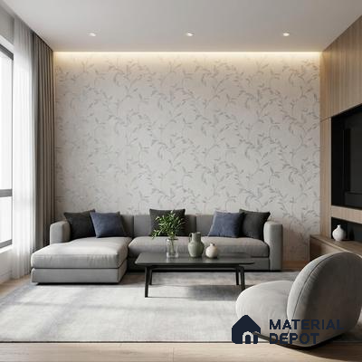 Modern living room with floral wallpaper, grey upholstery, and light oak laminate TV unit