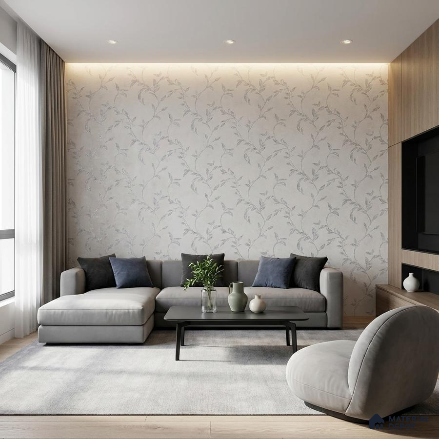 Modern living room with floral wallpaper, grey upholstery, and light oak laminate TV unit