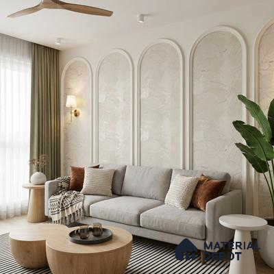Scandinavian living room with beige leaf-patterned wallpaper and light oak wood tables