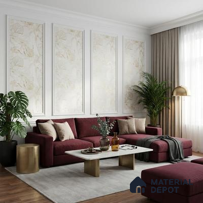 Modern living room with burgundy velvet sofa, gold accent tables, and beige floral wallpaper panels