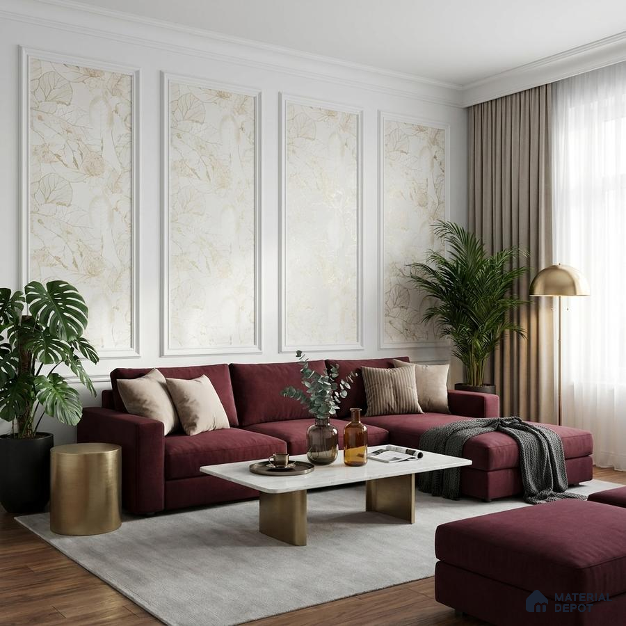 Modern living room with burgundy velvet sofa, gold accent tables, and beige floral wallpaper panels