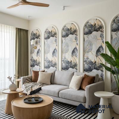 Modern living room with botanical patterned wallpaper and light wood coffee tables