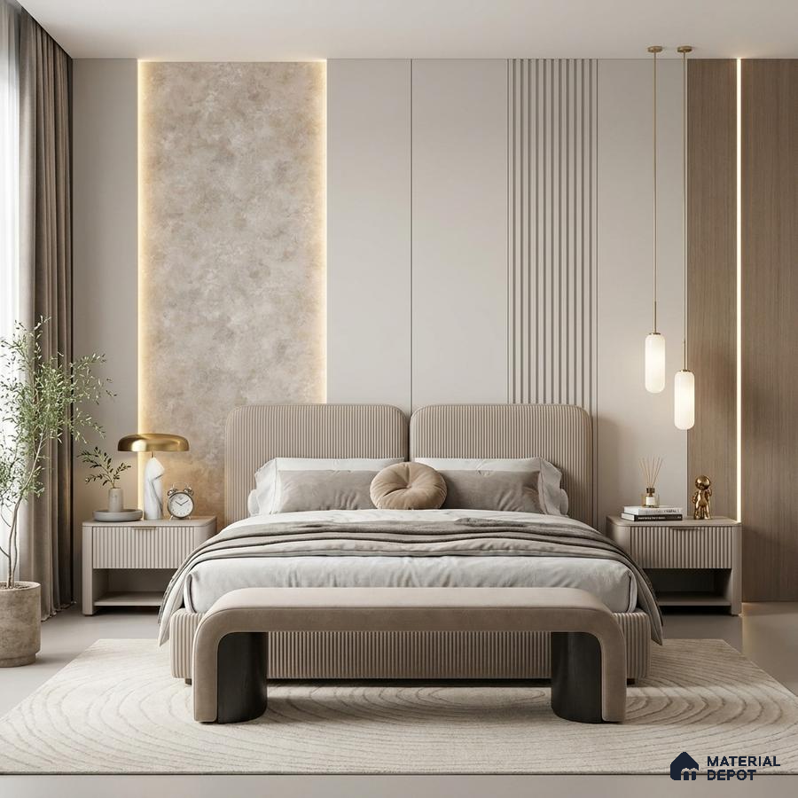 Minimalist bedroom with beige suede upholstered bed, fluted wall panels, and stone accent wall