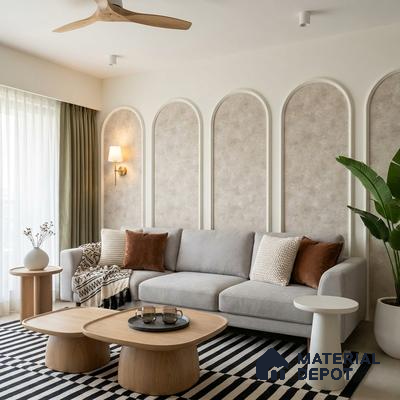 Scandinavian living room with textured beige wall panels and light oak coffee tables
