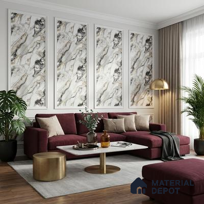 Art Deco living room with marble-effect wall panels, burgundy velvet sofa, and gold accent decor