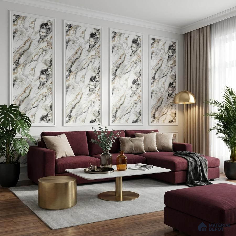 Art Deco living room with marble-effect wall panels, burgundy velvet sofa, and gold accent decor