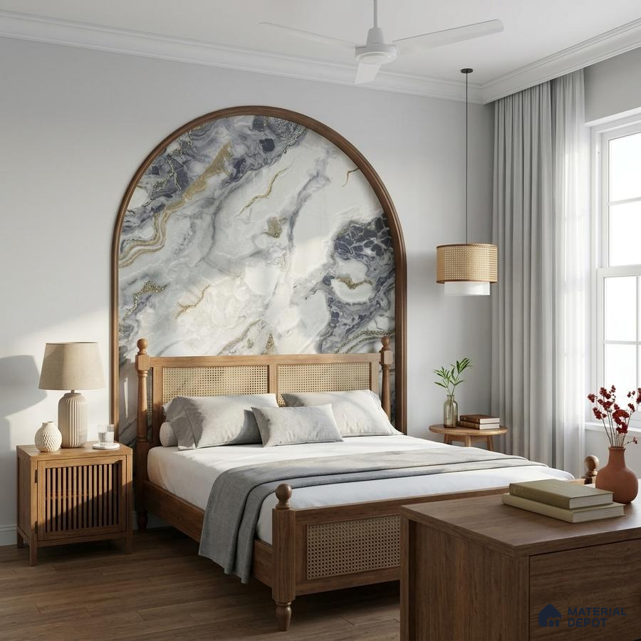 Scandinavian bedroom with marble-look arch accent wall and natural oak wood furniture
