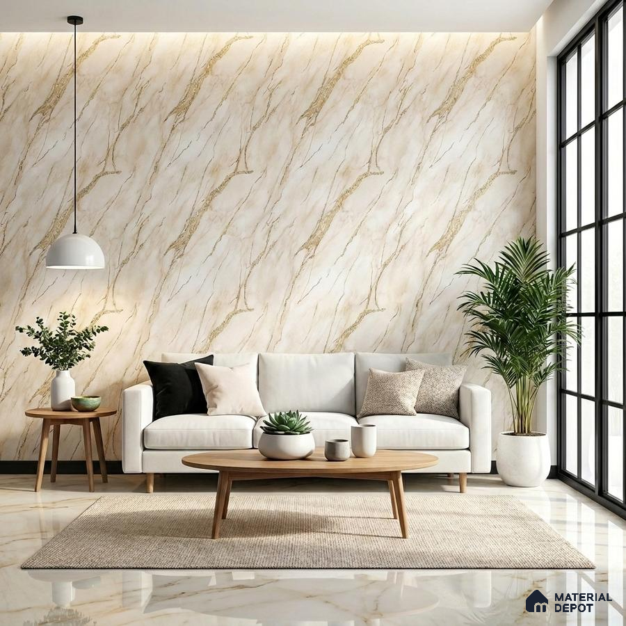 Modern living room with beige marble-look wall tiles and marble floor tiles