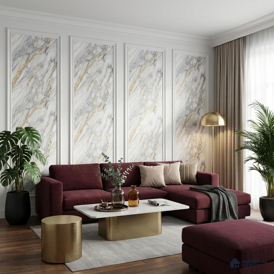 Modern living room with marble-look wall panels, burgundy sofa, and gold accent decor