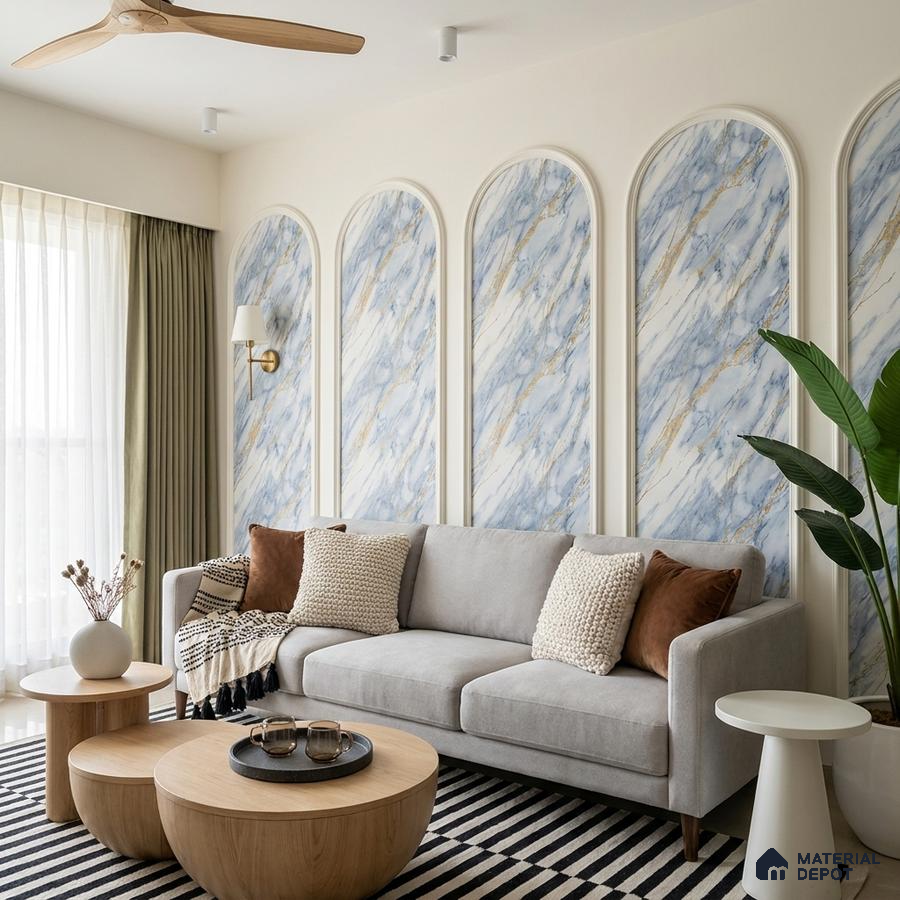 Modern living room with blue and gold marble-look wall panels and light wood coffee tables