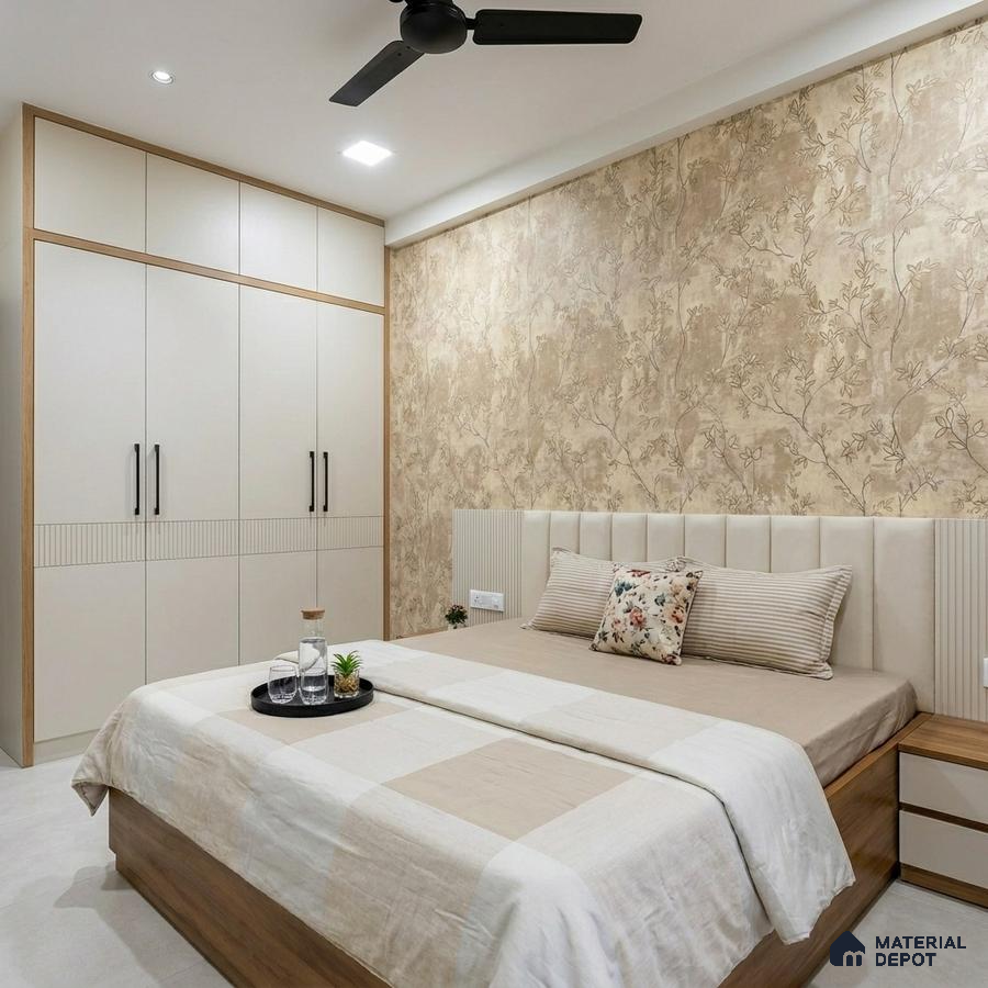 Modern bedroom with beige floral wallpaper, frosty white laminate wardrobe, and light wood accents