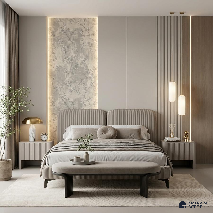 Japandi bedroom with suede upholstered bed, fluted panels, and chinoiserie wallpaper accent