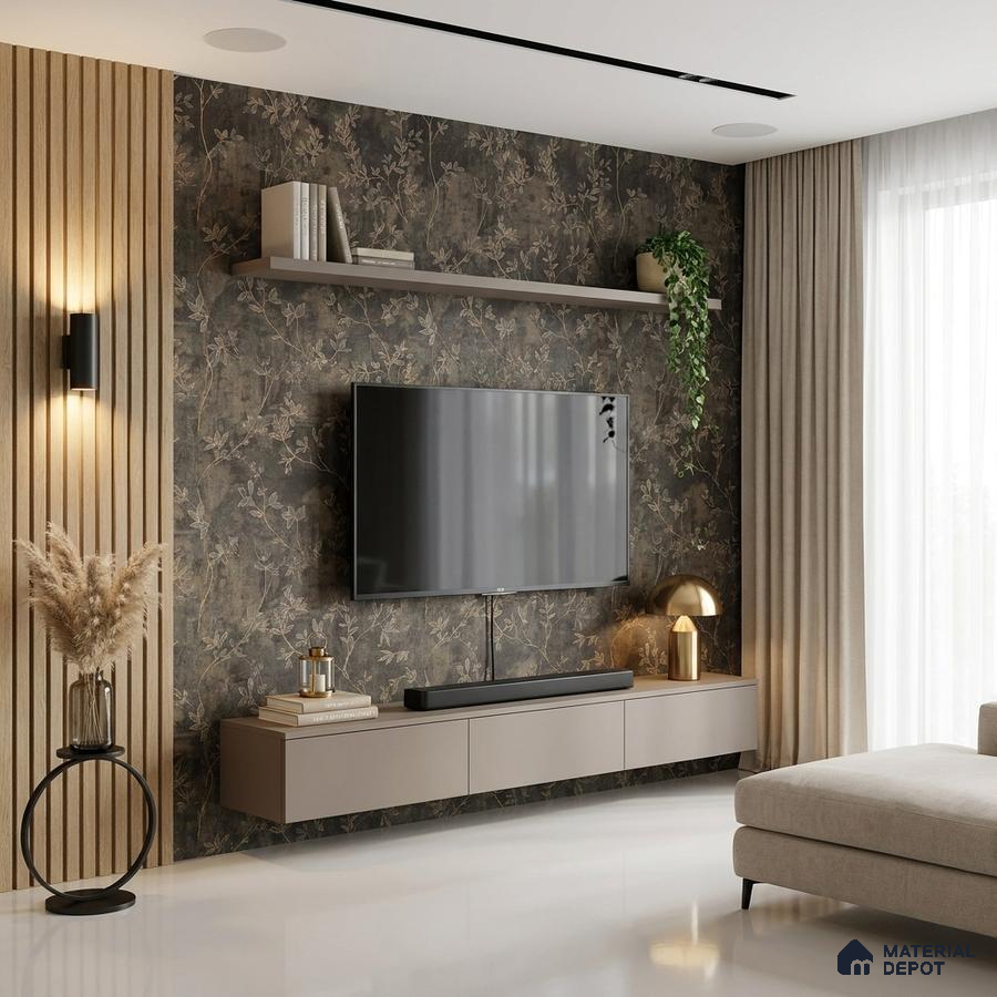 Modern living room with floral wallpaper accent wall, beige floating TV unit, and vertical wood slat panels