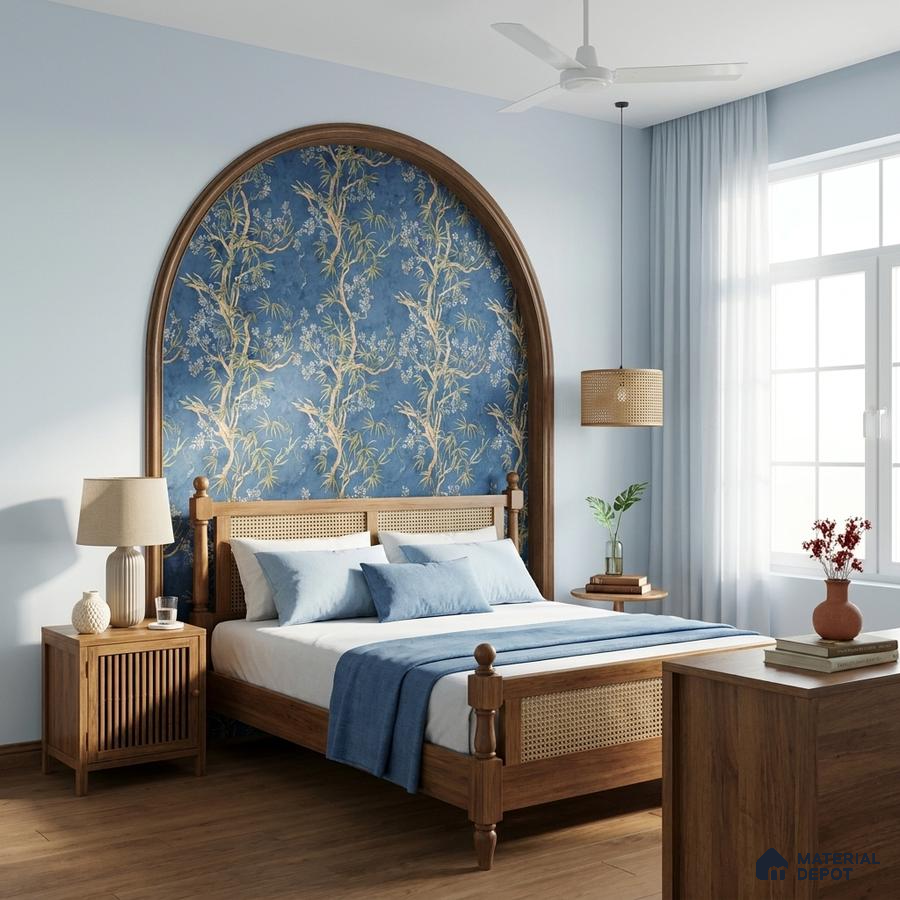 Scandinavian bedroom with blue chinoiserie wallpaper, natural cane wood bed, and wooden flooring