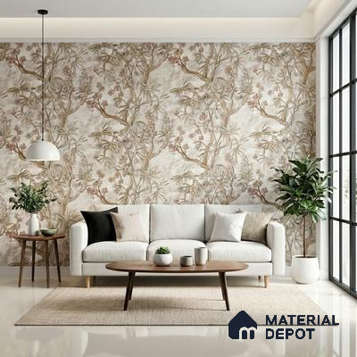Scandinavian living room with chinoiserie wallpaper and beige fabric sofa