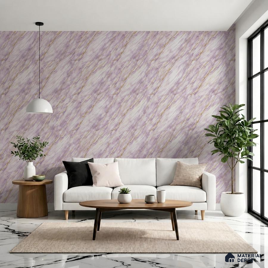 Modern living room with lilac marble wallpaper and white marble floor tiles