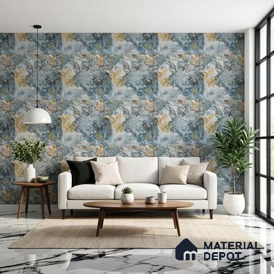 Modern living room with abstract blue and gold patterned wallpaper and white marble floor tiles