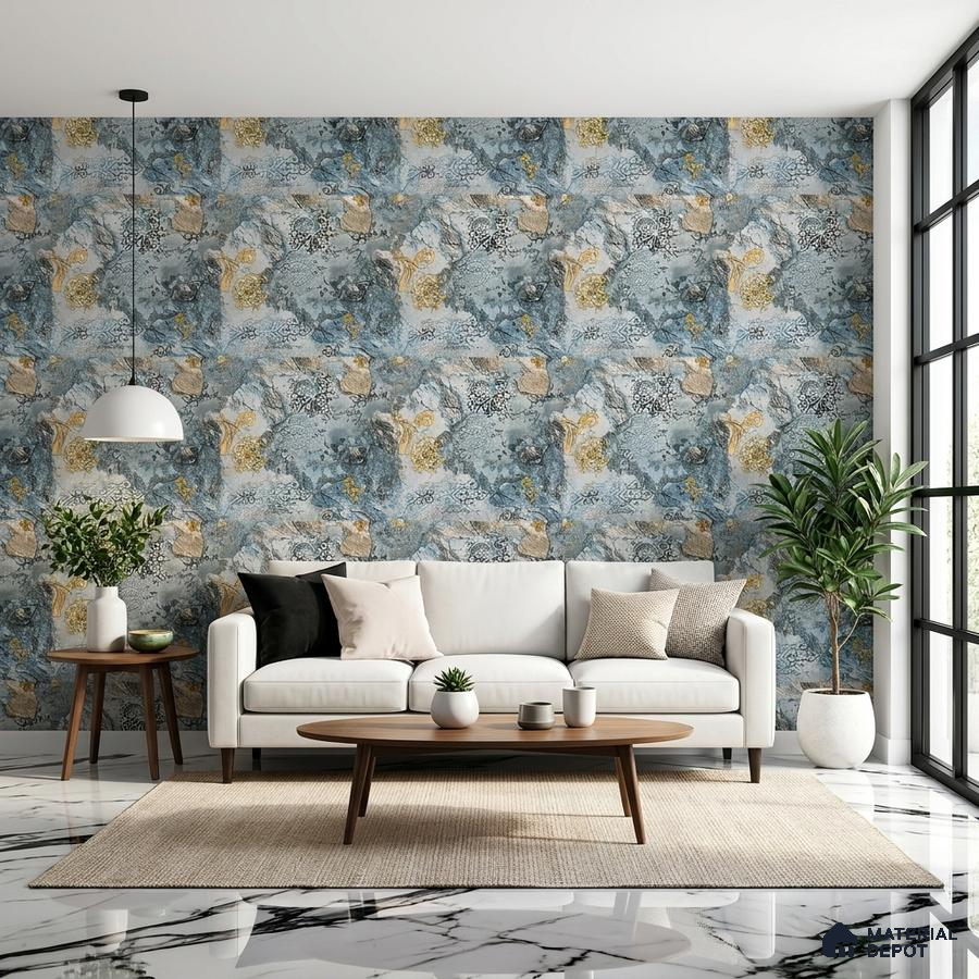 Modern living room with abstract blue and gold patterned wallpaper and white marble floor tiles