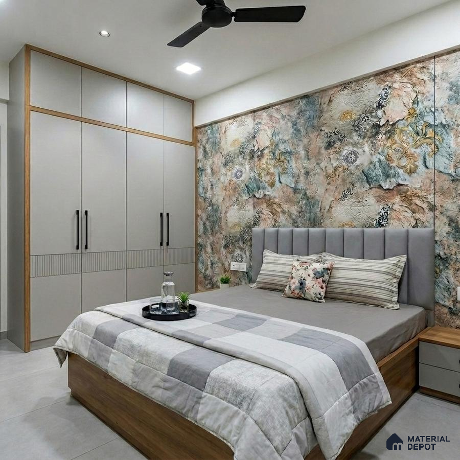 Modern bedroom with abstract wallpaper accent wall and matte grey wardrobe laminate