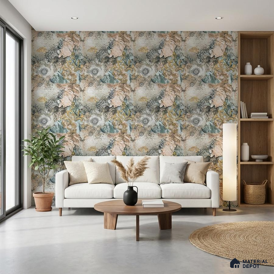 Modern living room with abstract patterned wallpaper and light wood open shelving