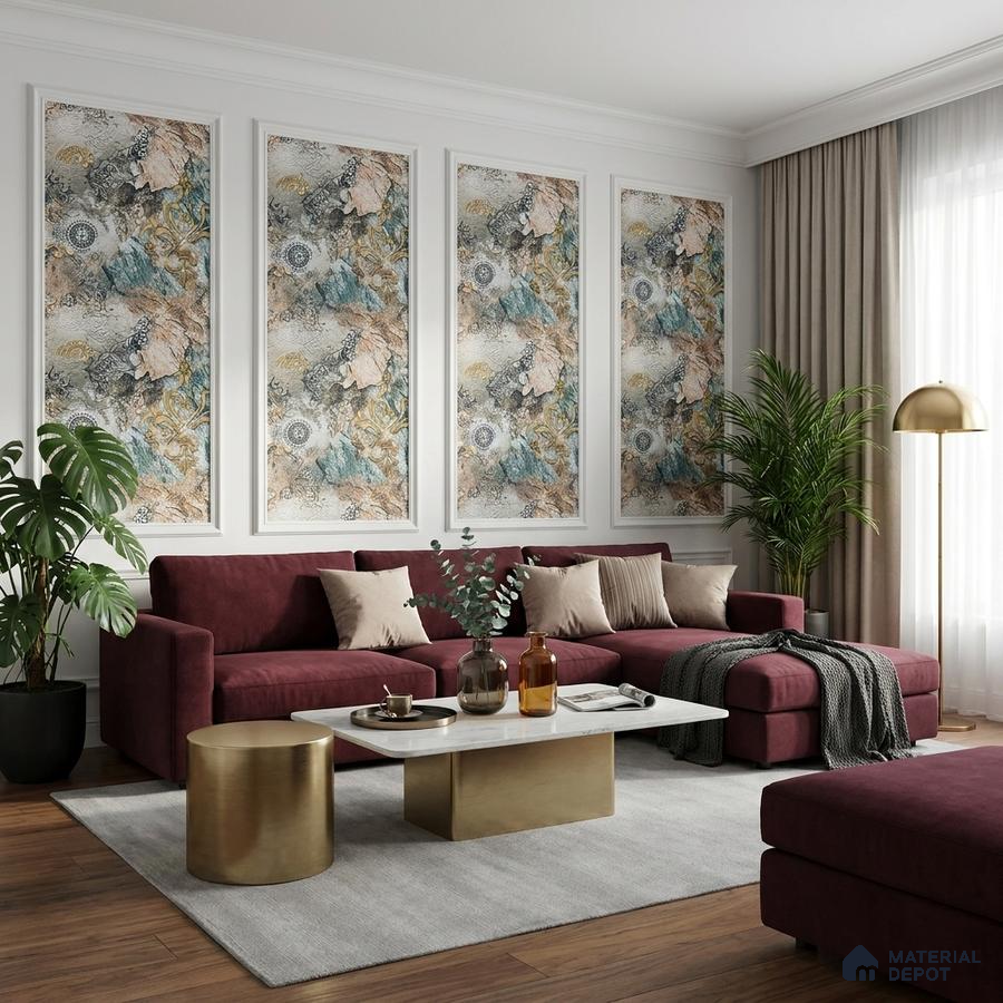Modern living room with burgundy velvet sofa, abstract floral wallpaper panels, and gold accent tables