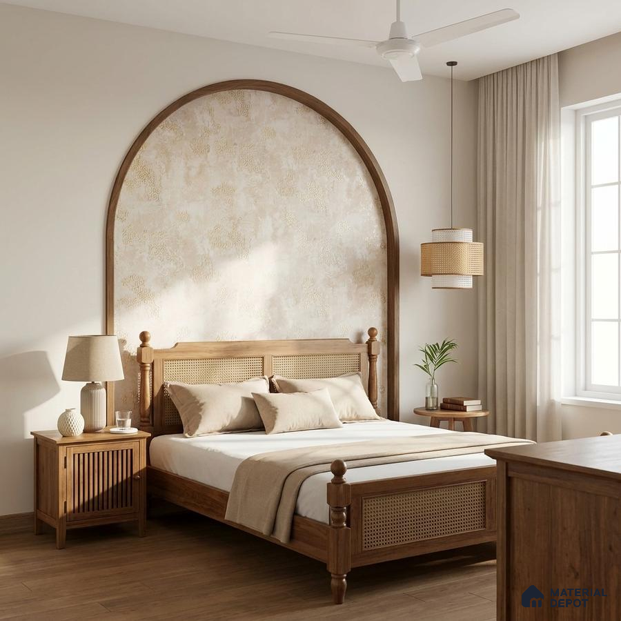 Scandinavian bedroom with natural oak wood furniture, cane headboard, and beige textured wallpaper accent