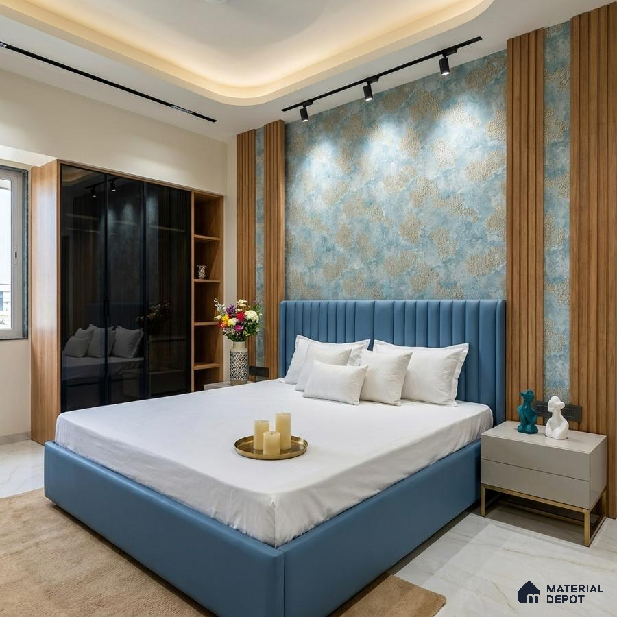 Modern bedroom with blue suede upholstered bed, wood louver panels, and blue-gold patterned wallpaper