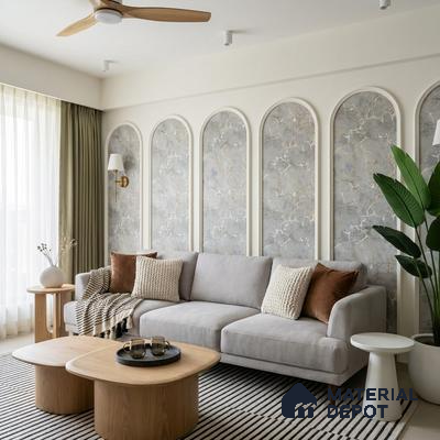 Scandinavian living room with marble-look accent wall panels and light oak coffee tables