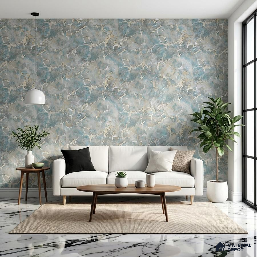 Modern living room with blue marble patterned wallpaper and white marble floor tiles
