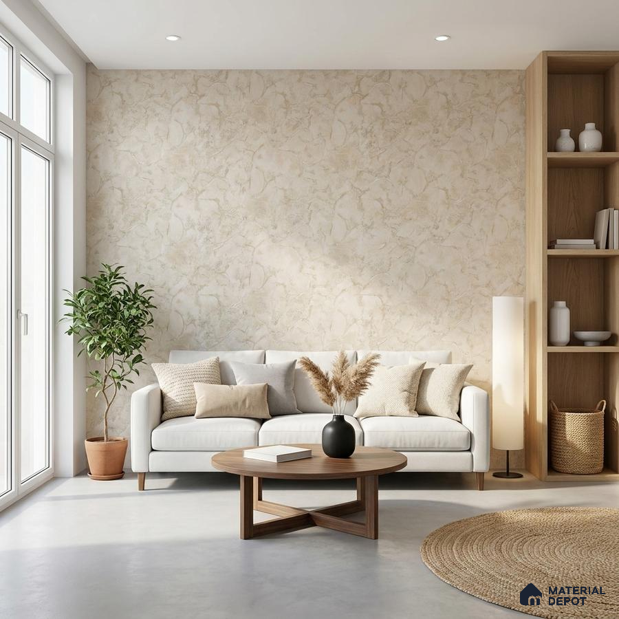 Scandinavian living room with beige marble textured wallpaper and light oak laminate shelving