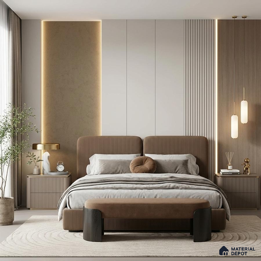 Minimalist bedroom with suede upholstered bed, fluted wood panels, and beige accent wall