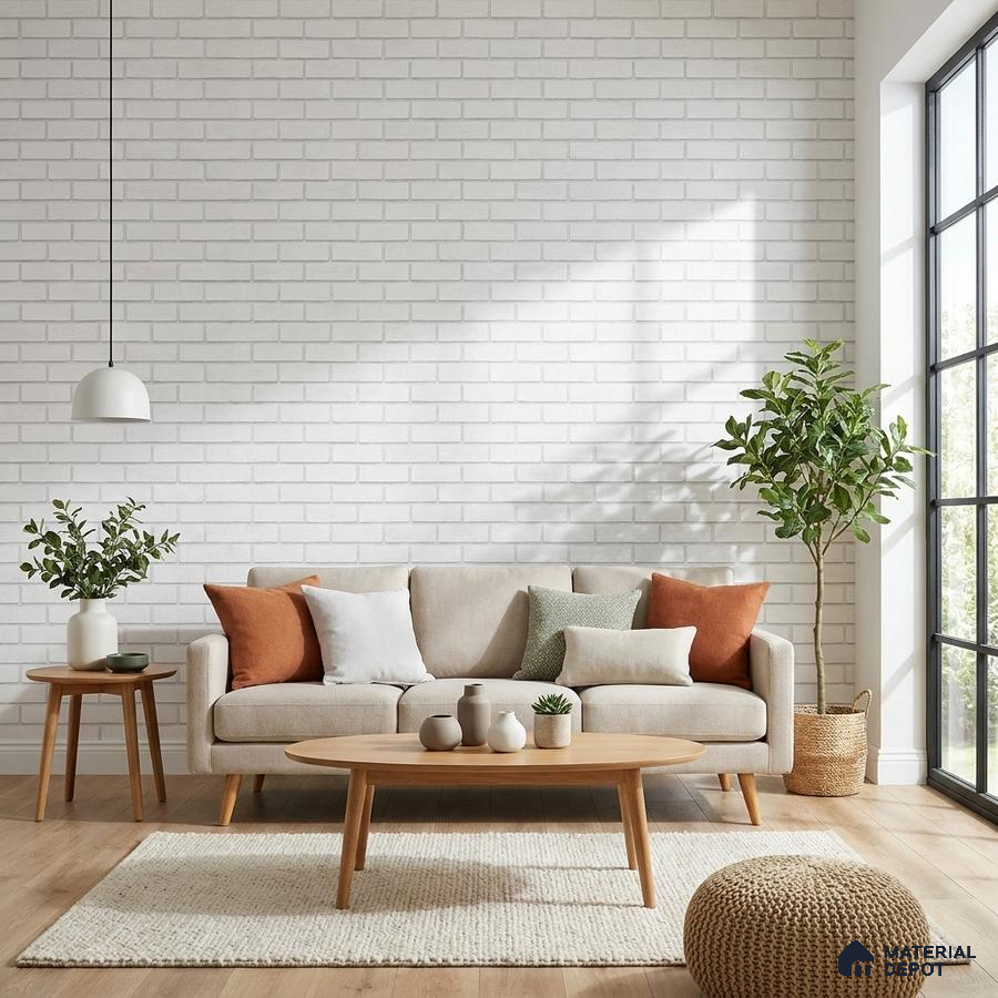 Scandinavian living room with white brick wall, light oak wooden flooring, and beige fabric sofa