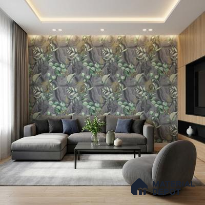 Modern living room with floral patterned wallpaper and light oak wooden flooring