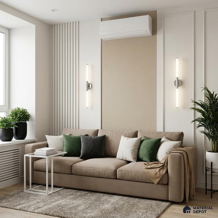 Scandinavian living room with beige fabric sofa, fluted wall panels, and light oak flooring