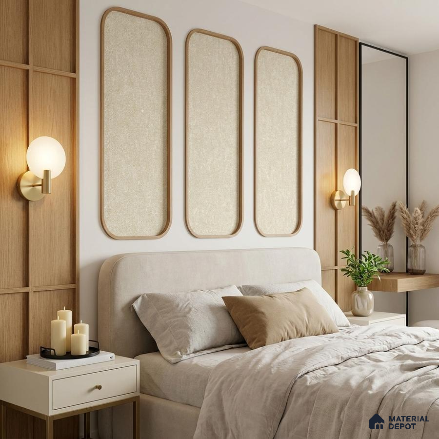 Scandinavian bedroom with light oak wall panels and beige suede upholstered bed