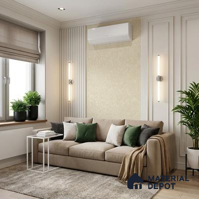 Modern living room with beige fabric sofa, textured wallpaper, and light wood flooring