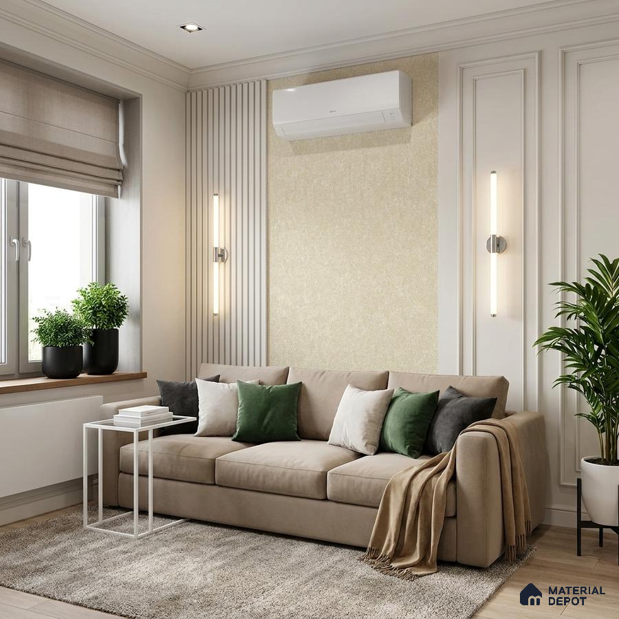 Modern living room with beige fabric sofa, textured wallpaper, and light wood flooring