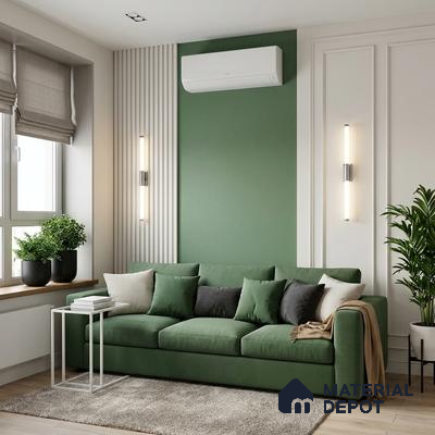 Modern living room with sage green wall paint, green fabric sofa, and fluted wall panels
