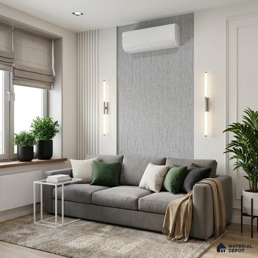 Modern living room with grey fabric wallpaper, beige paint, and light oak wooden flooring