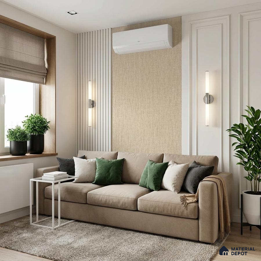 Scandinavian living room with beige fabric sofa, textured beige wallpaper, and light wood flooring