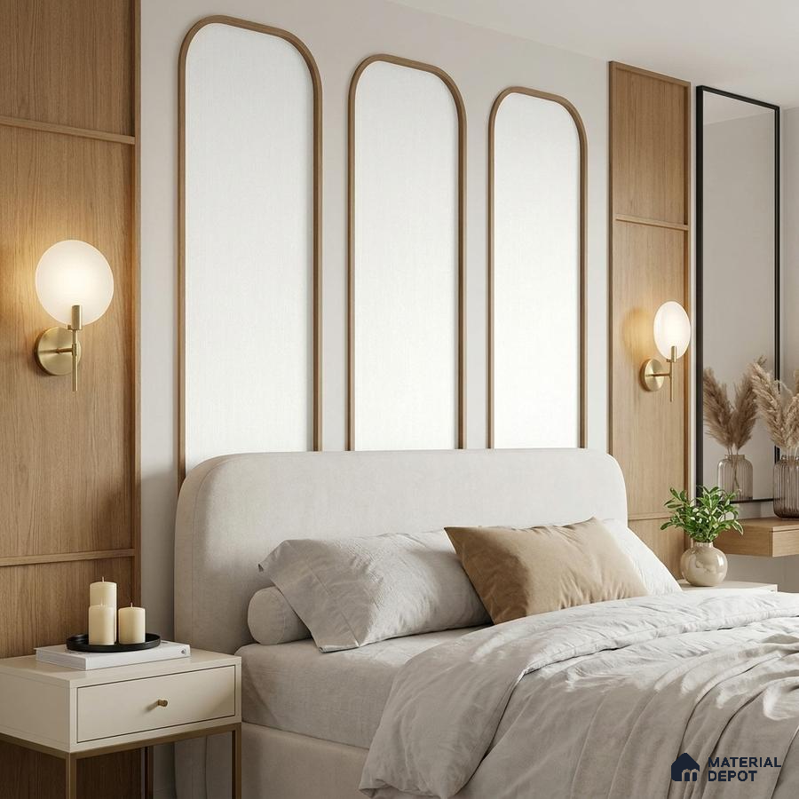 Scandinavian bedroom with light oak wall panels and beige upholstered bed