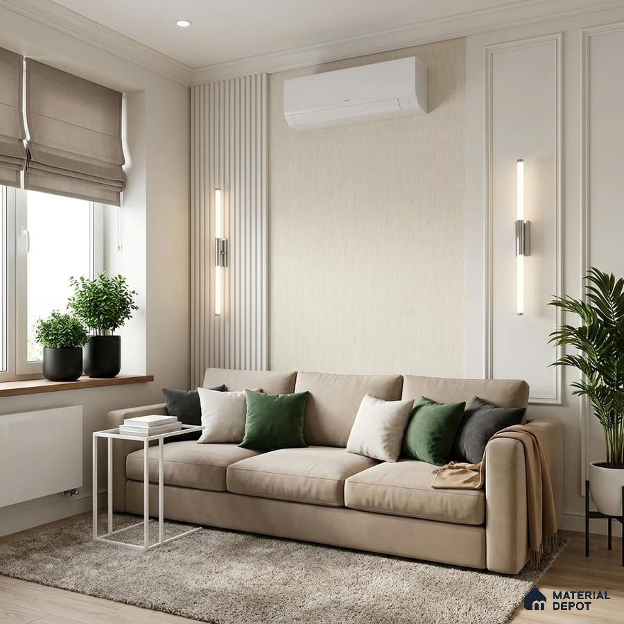 Scandinavian living room with beige fabric sofa, fluted wall panels, and light wood flooring