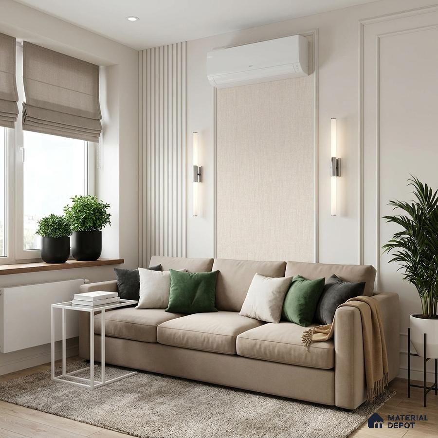 Scandinavian living room with beige fabric sofa, textured wall panels, and light oak wooden flooring