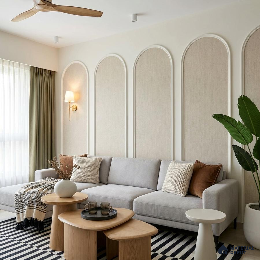 Scandinavian living room with beige fabric wall panels and light oak wood tables