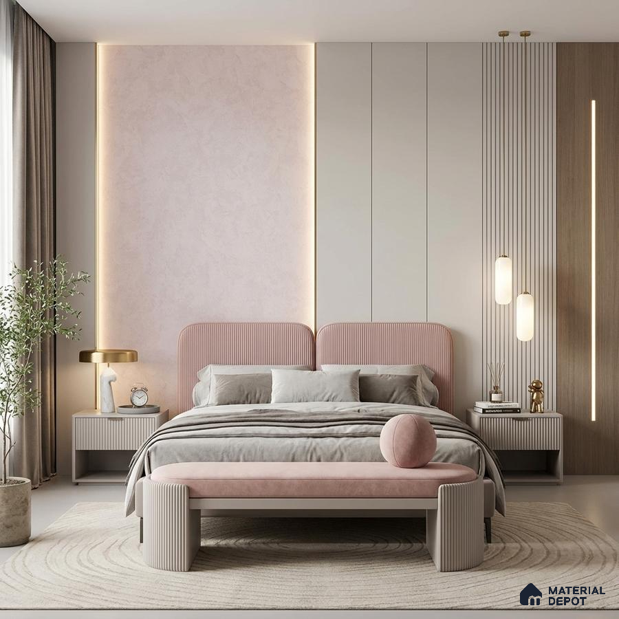 Minimalist bedroom with blush pink suede upholstery, fluted wall panels, and light wood accents